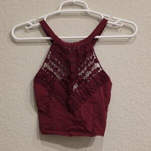 Forever 21 Burgundy Crochet Halter Crop Tank